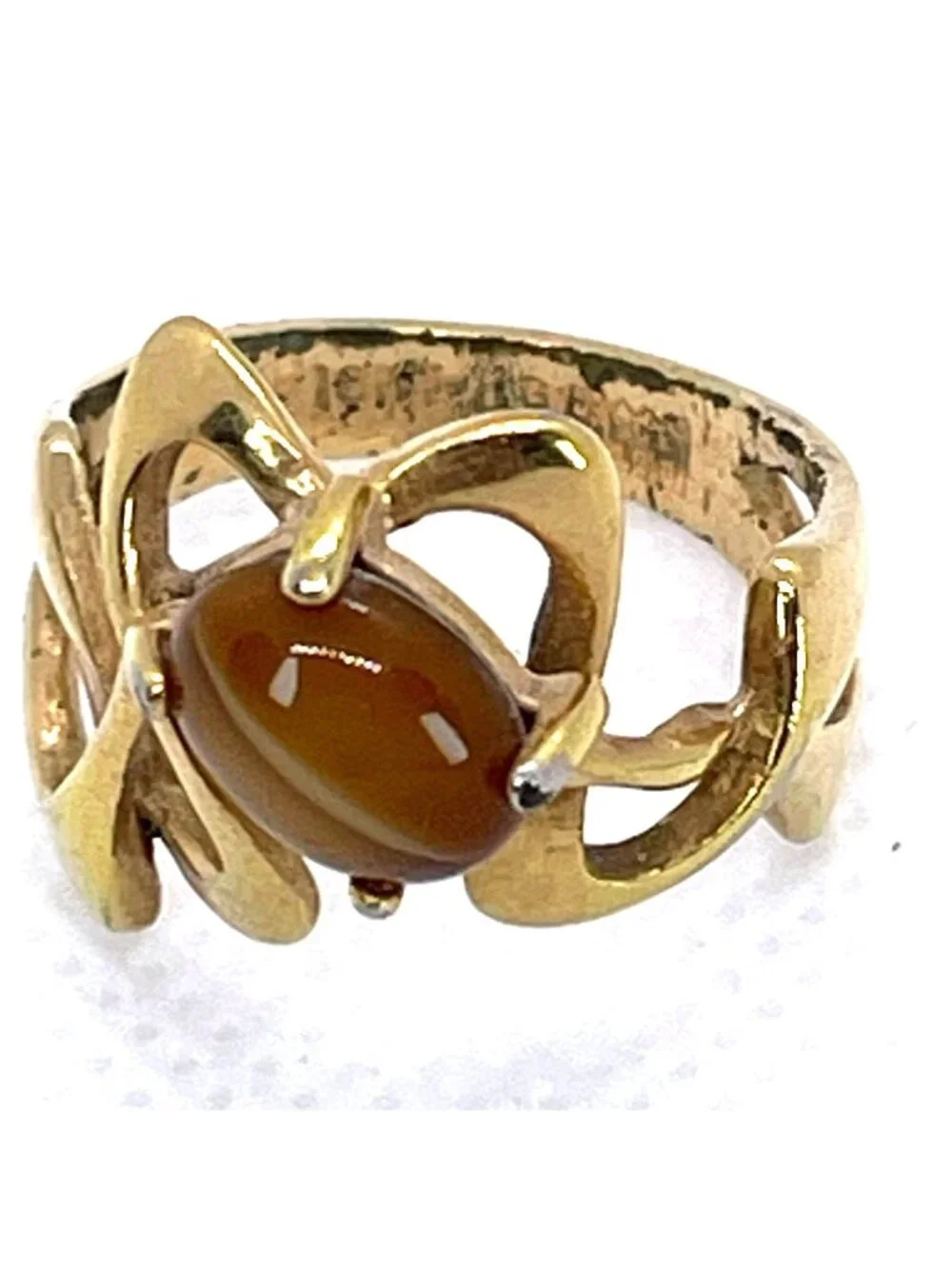 18KT HGE Tiger Eye Ring MCM Gold Plate 70s Open Loop Abstract Size 6.25 Vintage - Picture 10 of 11